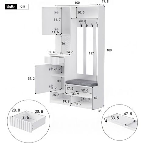 Ensemble armoire d’entrée complet – Avec banc, 4 crochets, portes et tiroirs, blanc, dimensions 100 x 180 x 35 cm (L x H x P) – Solution intégrée (1/5)