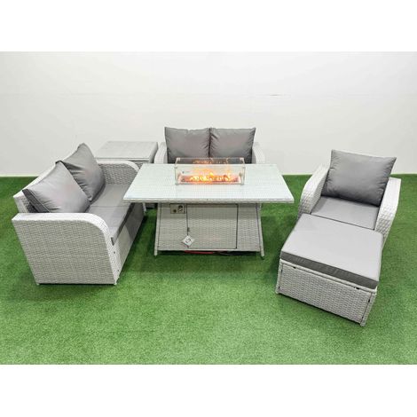 Fimous High Back Poly Rattan Garden Furniture Set with Reclining Chair Loveseat Sofa Firepit Dining Table Indoor Outdoor Patio  Set Big Stool Side Table Light Grey (1/4)