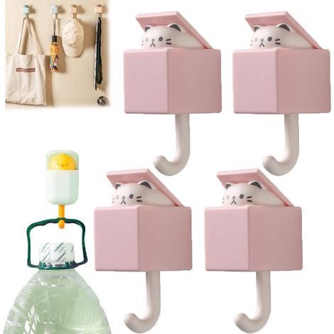 Crochets pour clés, crochets pour chat, crochets muraux - Lot de 4, rose, ABS, charge maximale 2,5 kg, auto-adhésifs, résistants à l'eau - Motif chat caché - Pour serviettes et clés (1/5)