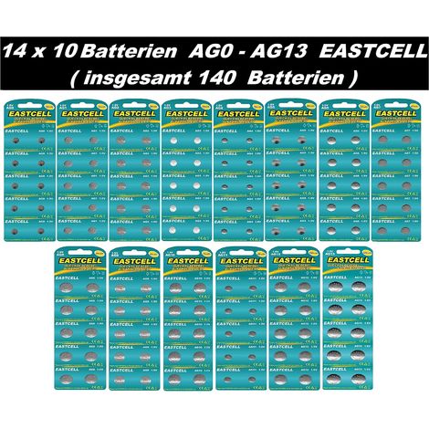 Assortiment de 140 piles bouton – 14 blisters de 10 piles – Toutes tailles AG0 à AG13 – Types LR521 à LR44 – 1,5 V – Lot de piles alcalines pour montres, jouets et électronique (1/5)