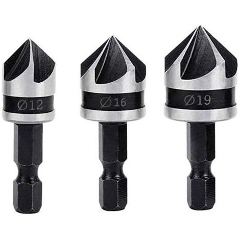 3PCS Fraises à Chanfreiner 90 Degrés 5 Flûte Conique à Noyer 12mm/16mm/19mm 1/4" Hex Foret Fraisage en Acier au Carbone pour Coupe de Chanfreinage de Bois (1/5)
