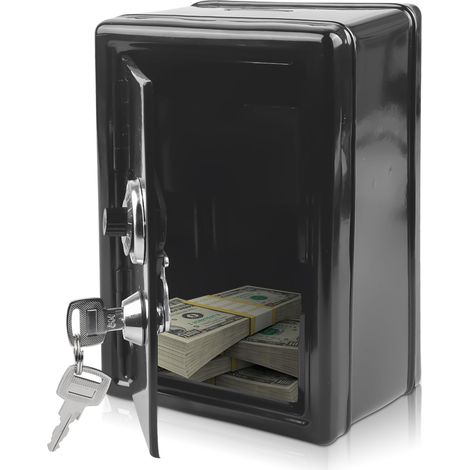 Tirelire coffre-fort mini en métal, tirelire à 2 clés H: 18 cm x L: 12 cm x l: 9,5 cm, boîte d’épargne pour monnaies, noir