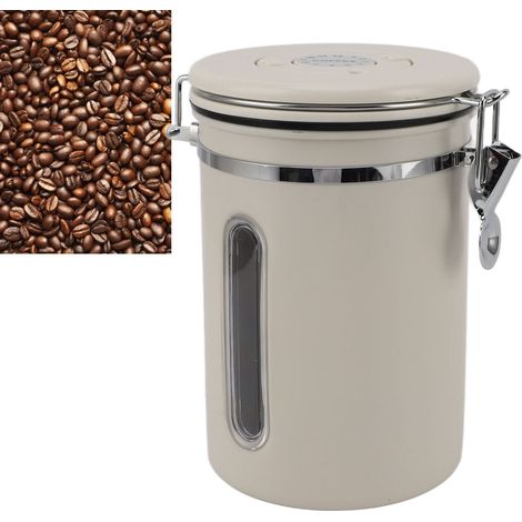 Boîte à café en grains de 1800 ml avec fenêtre, en acier inoxydable 304, récipient hermétique à valve unidirectionnelle, blanc cassé (1/5)