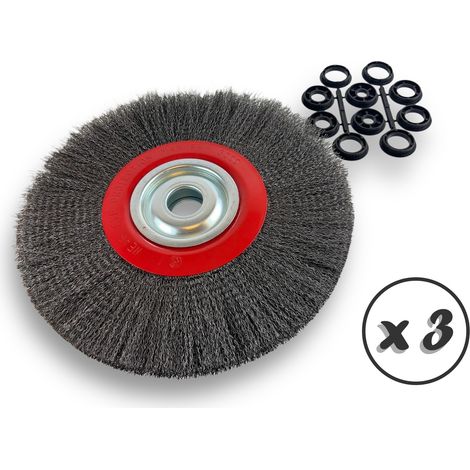 Lot de 3 brosses circulaires ACIER Ø 300 mm Epaisseur 2 rangs Fil souple 0.20 mm ondulé Alésage 32 mm + réducteur bague 25/22/20/16/12 mm Touret affûteuse ponceuse Kibros 231302AVx3 (1/5)
