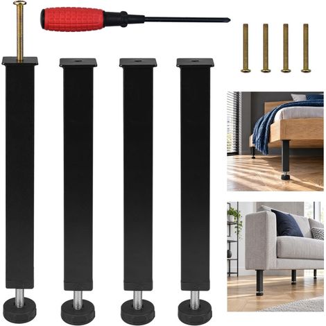 4 Pieds Lit Universels Hauteur 35cm (+2cm) en Métal Réglables sans Perçage pour Sommier à Lattes et Meuble, Inclut Tournevis et 4 Vis (1/5)