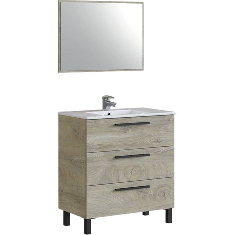 Mobile sottolavabo Elleboro, Mobiletto per bagno, Armadio a 3 cassetti e specchio, lavabo non incluso, 80x45h86 cm, Quercia