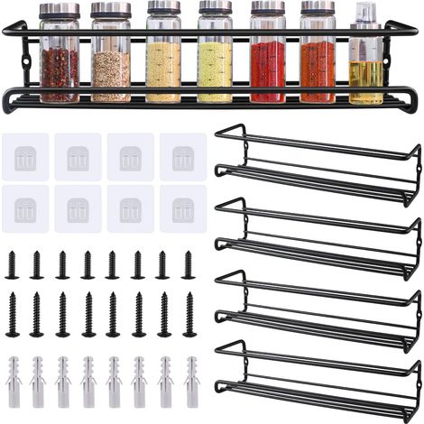 Etagere a Epices Murale, 4 PCS Rangement Epices Cuisine Metal Organisateur d'Épices etagere murale pour Cuisine Salle de Bain Balcon Noire Ca. 29×6,6×6,4cm (1/5)