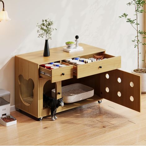 Katzenkloschrank mit abnehmbarer Sandauffangplatte, geruchsisoliert, 100 x 45 x 66 cm, Natur HAVRYA (1/5)