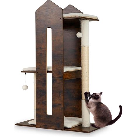 COSTWAY Arbre à Chat XL 120 cm, 3 Plateformes, 2 Poteaux à Griffer en Sisal, Arbre a Chat Maine Coon, Coussins en Peluche Amovibles Lavables, 2 Pompons, Tour pour Chaton à 3 Niveaux (80 x 40 x 120 cm) (1/5)
