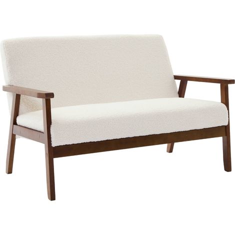 Banquette canapé 2 places en bois teinté noyer clair et tissu bouclette. Isak. L 114 x P 69.5 x H 73cm