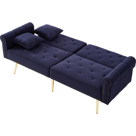 Canapé convertible 2 places en velours bleu antique, dossier réglable 3 positions, pieds métal doré et design compact pour petit salon CHICFURN (1/5)