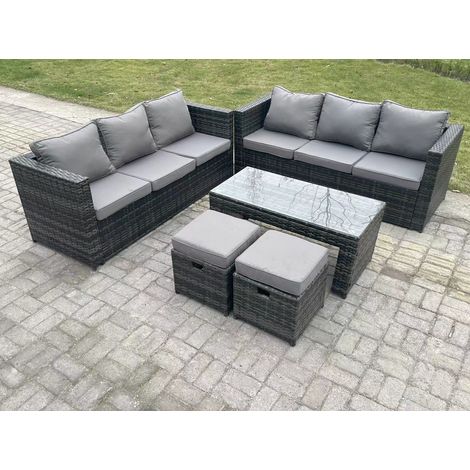 Fimous Rattan Garten Möbel Lounge Sofa Set im Freien mit länglichen rechteckigen Couchtisch 2 Hocker
