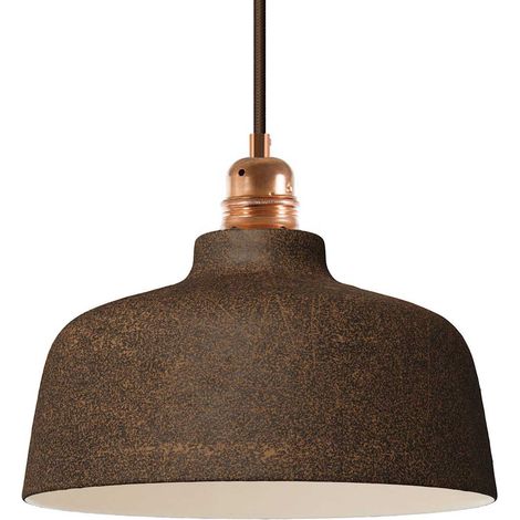 Lampada a sospensione Made in Italy completa di cavo tessile, paralume Coppa in ceramica e finiture in metallo  Con lampadina - Effetto corten - Bianco - Matter ON/OFF