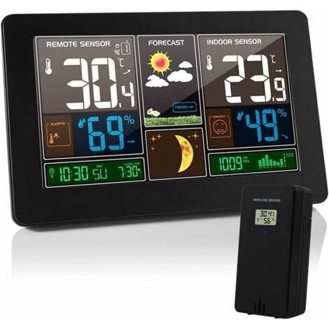 Station Météo Thermomètre Hygromètre Baromètre Intérieur Extérieur avec Capteur LED Ecran, Rétro-éclairage Horloge Numérique Affichage Heure Date Jour Phase de Lune (Noir) (1/5)
