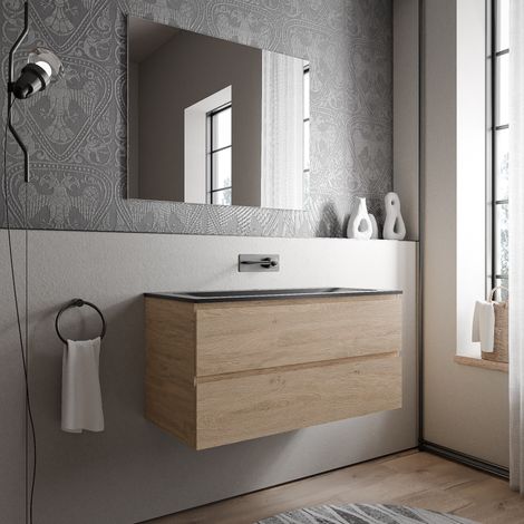 Unterschrank Bernstein AVA 100 cm mit Mineralguss Waschbecken CREAM - Badmöbelfarbe Eiche Honiggold, Waschbecken Schwarz matt ohne Hahnloch