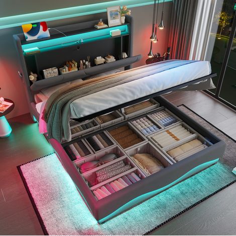 Cama matrimonio con almacenaje, LED y terciopelo 140x200 DESVIAE (1/5)