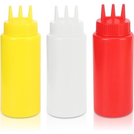 3Pcs Bouteille de Compression de Condiments à 3 Trous, Capacité 16 oz 7x20cm / 2,8x7,9 po (D x H) Bouteilles de Sauce Compressibles Vides Distributeur de Condiments avec des Couvercles (1/5)