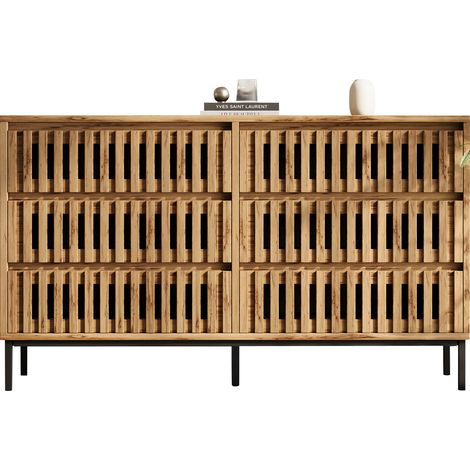Kommode Sideboard mit 6 Schubladen, 5 Füßen und 1 Verstellbaren Fuß, Lamellenfronten, MDF, 120x40x81 cm, Natur (1/5)