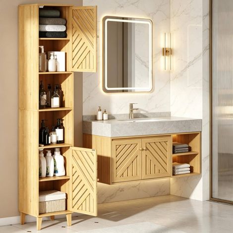 Hoher Eck-Badschrank mit offenen Fächern und verzierten Türen, Natur, OKMYHOME (1/5)