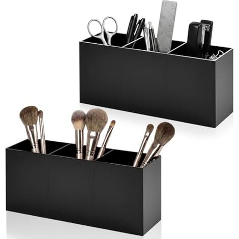 Lot de 2 Organisateur Cosmétique à 3 Compartiments Boîtes de Rangement Noires – 3 Compartiments – Hauteur 8 cm – Pour Pinceaux Maquillage, Stylos, Brosses à Dents – Acrylique – Gain de Place (1/5)