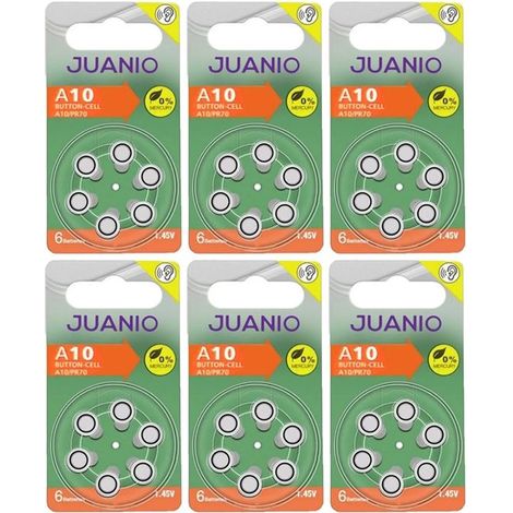 Lot de 36 Piles bouton Zinc Air Type A10/10 1,45V compatibles PR70 pour appareils auditifs - Juanio - (1/2)