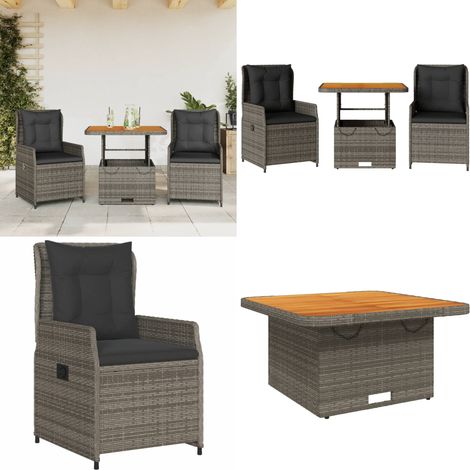 3-tlg. Bistro-Set mit Kissen Grau Poly Rattan - Gartentisch - Esszimmergarnitur - Outdoor Möbel - Lounge Set - Gartenlounge - Home & Living