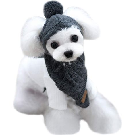 Ensemble bonnet et écharpe en maille grise pour chien et chat - Tenues d'automne et d'hiver confortables pour chiots et chatons (1/5)