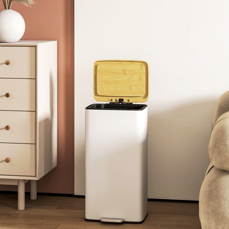 Poubelle de Cuisine 20L, Poubelle avec Pédale, Couvercle en Bambou à Fermeture Douce, Seau Intérieur Amovible, Blanc (1/5)