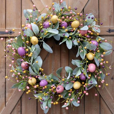 Guirlande De Pâques - Œufs Colorés En Plastique Et Feuilles D'Eucalyptus Artificielles - Pour Porte Extérieure Intérieure - 45 cm - 1 Pièce (1/5)