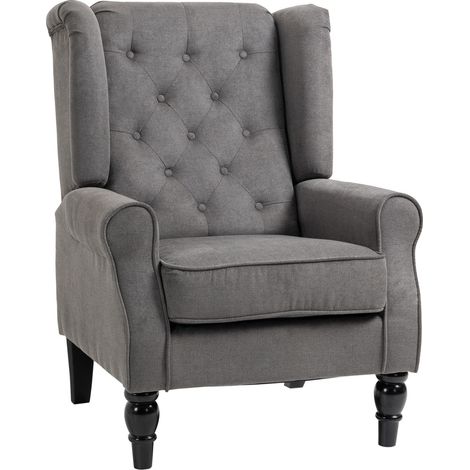 Fauteuil inclinable capitonné gris foncé avec oreilles et pieds en bois - Confort salon et chambre - 74x86x102 cm, polyester (1/5)