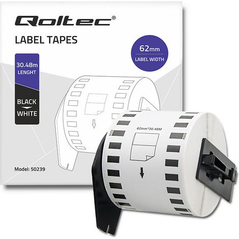 Nastro Qoltec per BROTHER DK-22205 62 mm x 30,48 m Stampa bianco/nero Rotolo con maniglia (1/5)