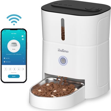 Balimo 3L 2.4G WiFi Katzenfutterspender, Automatischer Futterautomat, 1-10 Mahlzeiten pro, Geeignet für Hunde und Katzen, Weiß (1/5)