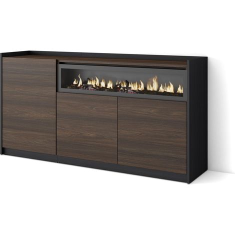 Skraut Home - Aparadores para salón, 156x37x80cm, 3 Puertas, Chimenea eléctrica, Roble oscuro y Negro (1/5)