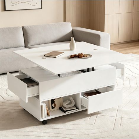 Couchtisch aus Spanplatte Weiß 100 x 50 x 52 cm, höhenverstellbar, 4 Schubladen, 4 Rollen (1/5)