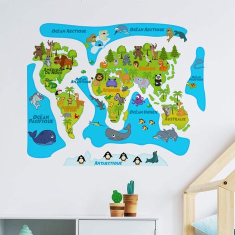 Stickers adhésifs Enfants Sticker Autocollant Carte du Monde Décoration murale chambres Enfants 80 x 95 cm (1/3)