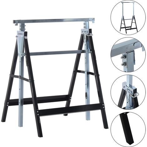 Lot 2 chevalets pliants de travail réglables 80-130 cm, capacité 200 kg, acier noir télescopique gain de place, pour bricolage garage jardin (1/5)