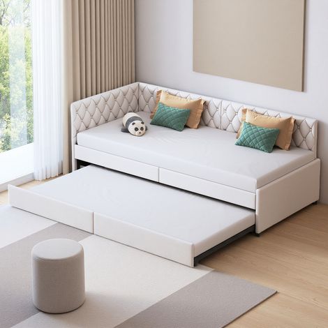 Canapé lit 90/180 x 200 cm, lit gigogne extensible 90/180x200 cm, 2 en 1, sommier à lattes en bois, pour adolescents et invités, velours, beige (1/5)
