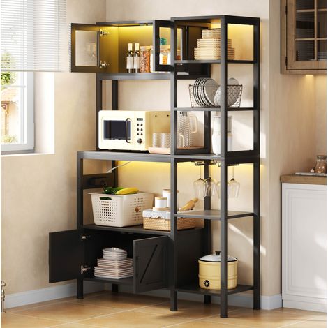 Anrichte MDF und Stahl schwarz 115 x 40 x 180 cm mit LED-Leiste, Steckdosenmodul, Glastüren und viel Stauraum (1/5)