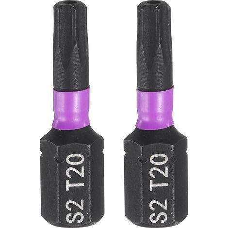 2pcs TT20 tournevis Torx Bit 1/4" Hex Shank 25mm/1" Longueur Magnetic Star 6 côté S2 acier avec trou pour perceuse électrique (1/5)