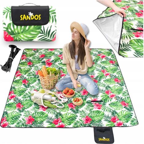 Couverture de pique-nique de plage, tapis isolant 200 x 200 cm, ancrages, imperméable, fleurs (1/5)
