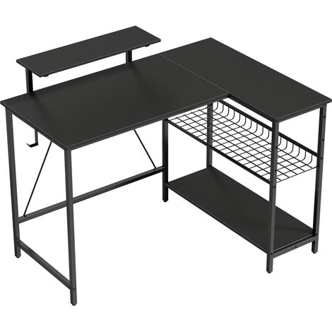 Bureau gaming réversible, bureau gaming d'angle, support pour écran, étagère métallique réglable, 114,5 x 82 x 91,5 cm, noir (1/5)