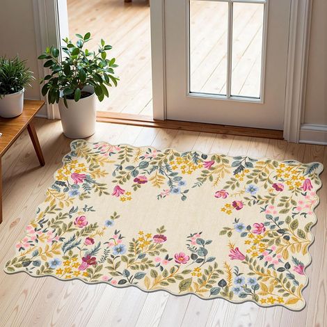 Paillasson Extérieur 50x80 cm Beige à Motifs Floraux Colorés, Antidérapant et Lavable, Tapis d’Entrée Bohème (1/5)