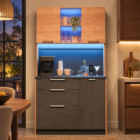 Meuble de cuisine haut 100 x 40 x 180 cm, buffet en MDF avec LED réglable, prise EU, 2 USB, 3 tiroirs et rangements, effet bois et béton (1/5)