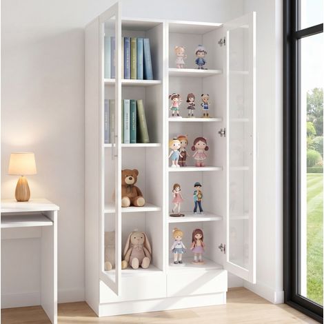 Glastürschrank, Aktenschrank, Figurenschrank, Büroschrank, Hochschrank & Aufbewahrungsschrank mit 2 Schubladen, Weiß, Maße 80×40×160 cm (1/5)