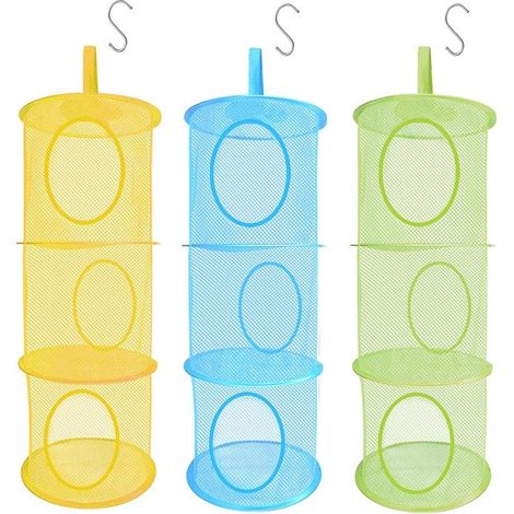 Juego de 3 cestas colgantes plegables de tela de malla, cada una con 3 compartimentos, para juguetes y ropa pequeña. (1/5)