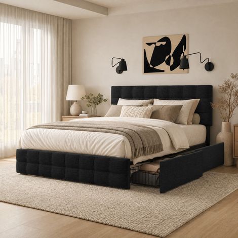 Letto matrimoniale 140x200 cm, con 4 cassetti, rete in acciaio, testiera regolabile, in tessuto nero, senza materasso (1/5)
