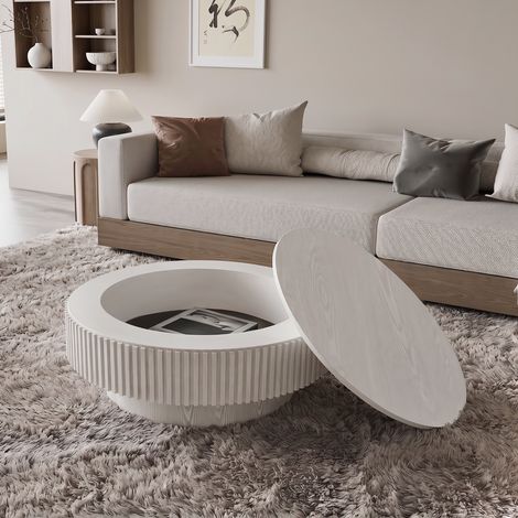 Tavolino da salotto rotondo - 75 x 75 x 35 cm - contenitore nascosto salvaspazio design scanalato a fungo - stile moderno retrò - mdf impiallacciato legno - bianco (1/5)