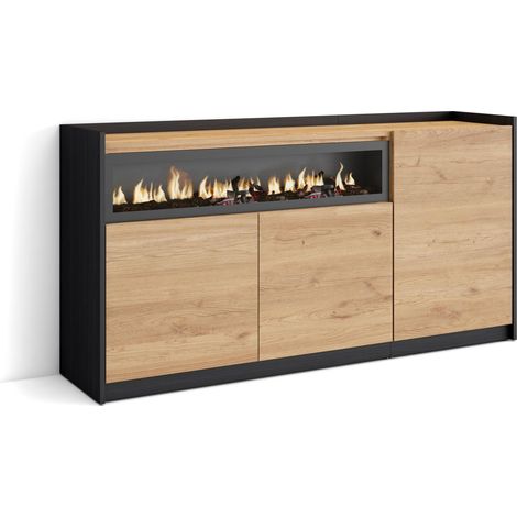 Skraut Home - Aparadores para salón, 156x37x80cm, 3 Puertas, Chimenea eléctrica, Roble y negro (1/5)