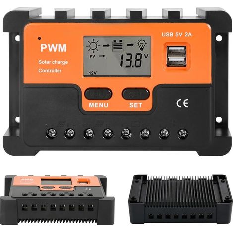 Contrôleur de Charge Solaire 30A 12V/24V Régulateur de Charge Solaire PWM Régulateur de Panneau Solaire Double Sortie USB Pour Gel Sealed Flooded et la batterie lithium (1/5)