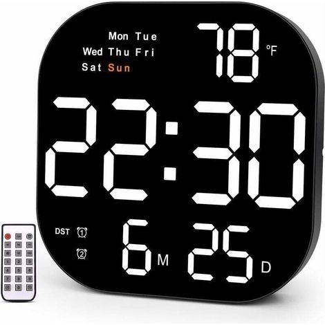 Large wall clock, 10.55 inch digital wall clock with LED display, day of the week, date, daylight saving time, timer, temperature, 12/24-hour format, clock for living room, home office. (1/5)